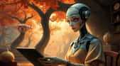 Dans la lumière d’un jardin d’automne, un avatar symbolisant Manus AI se penche sur sa tablette.© D. Ichbiah avec Leonardo.ai et Krea.ai